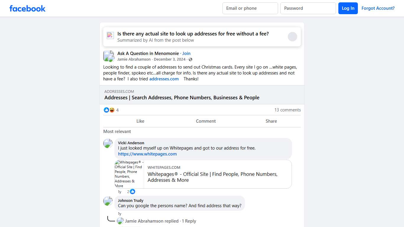 Ask A Question in Menomonie Looking to find a couple of addresses to send out Christmas cards Facebook